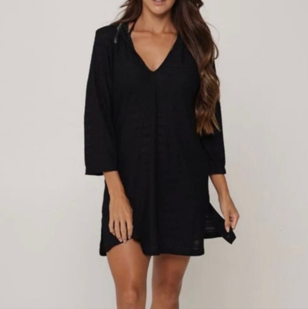 J. Valdi Black Maui Hoodie Pullover Tunic Swim Beach Cover-Up Small